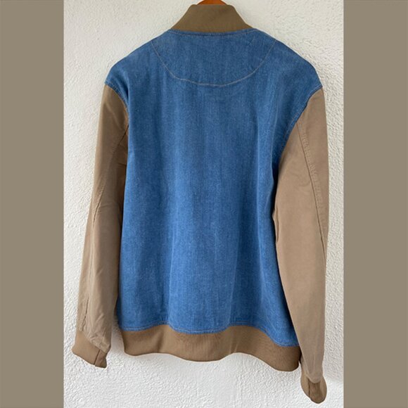 NWT, Men's Blue and Tan Colorblocked Bomber Jacket - Picture 2 of 3